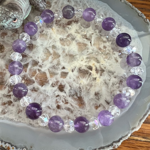 Hand Crafted Jewelry - Sophisticated Amethyst and Aura White Crystal Bracelet